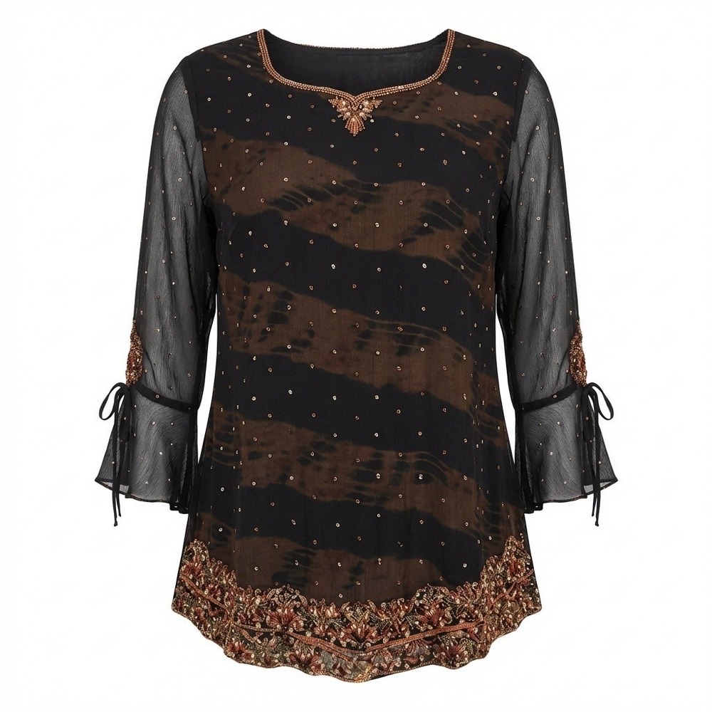 Vtg Beaded Sequined Sheer Tunic Top XL Black Split‎ Tie Sleeves Dark Whimsygoth